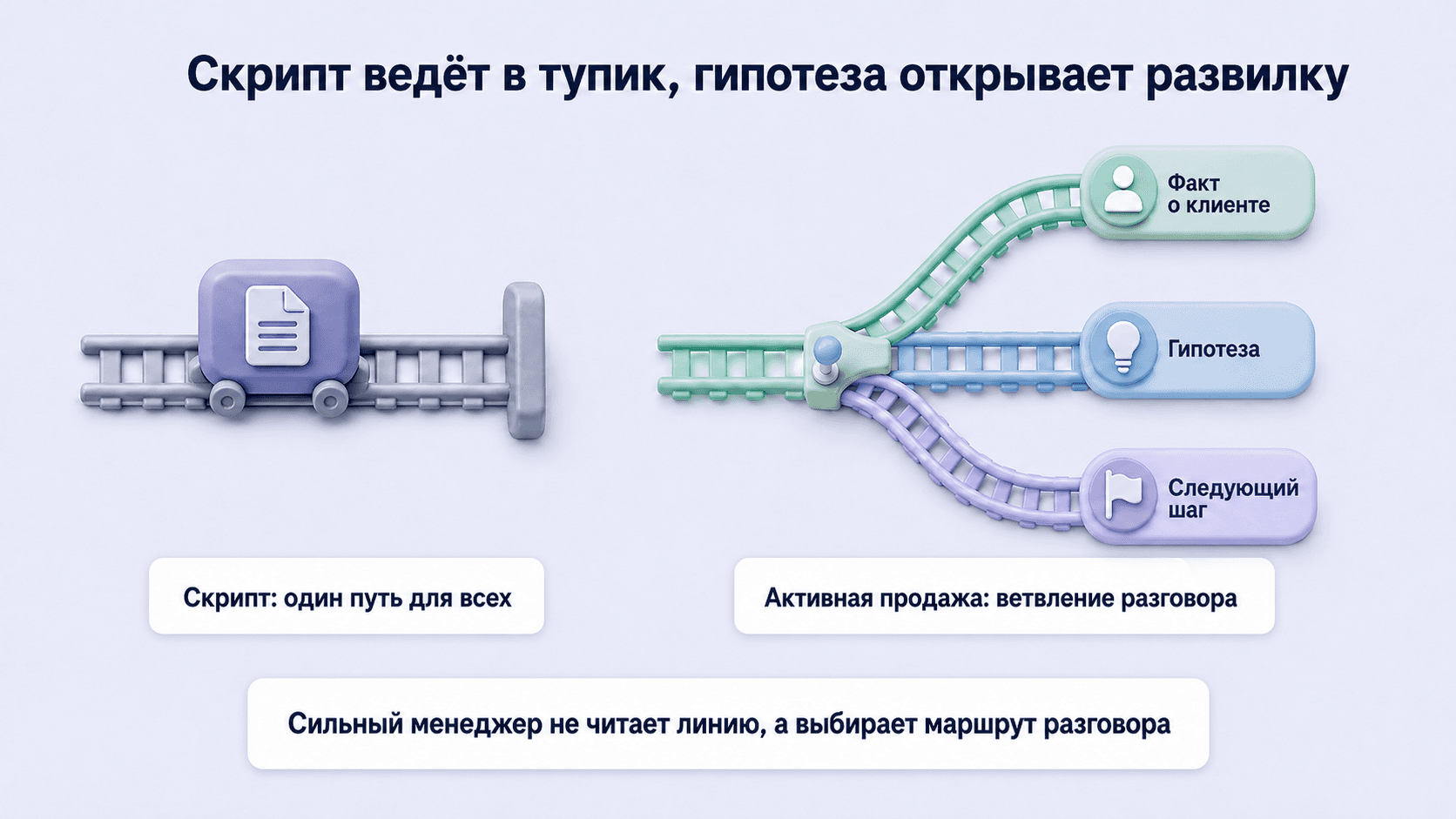 Скрипт ведёт разговор в тупик, а активная продажа открывает ветвление через факт о клиенте, гипотезу и следующий шаг.