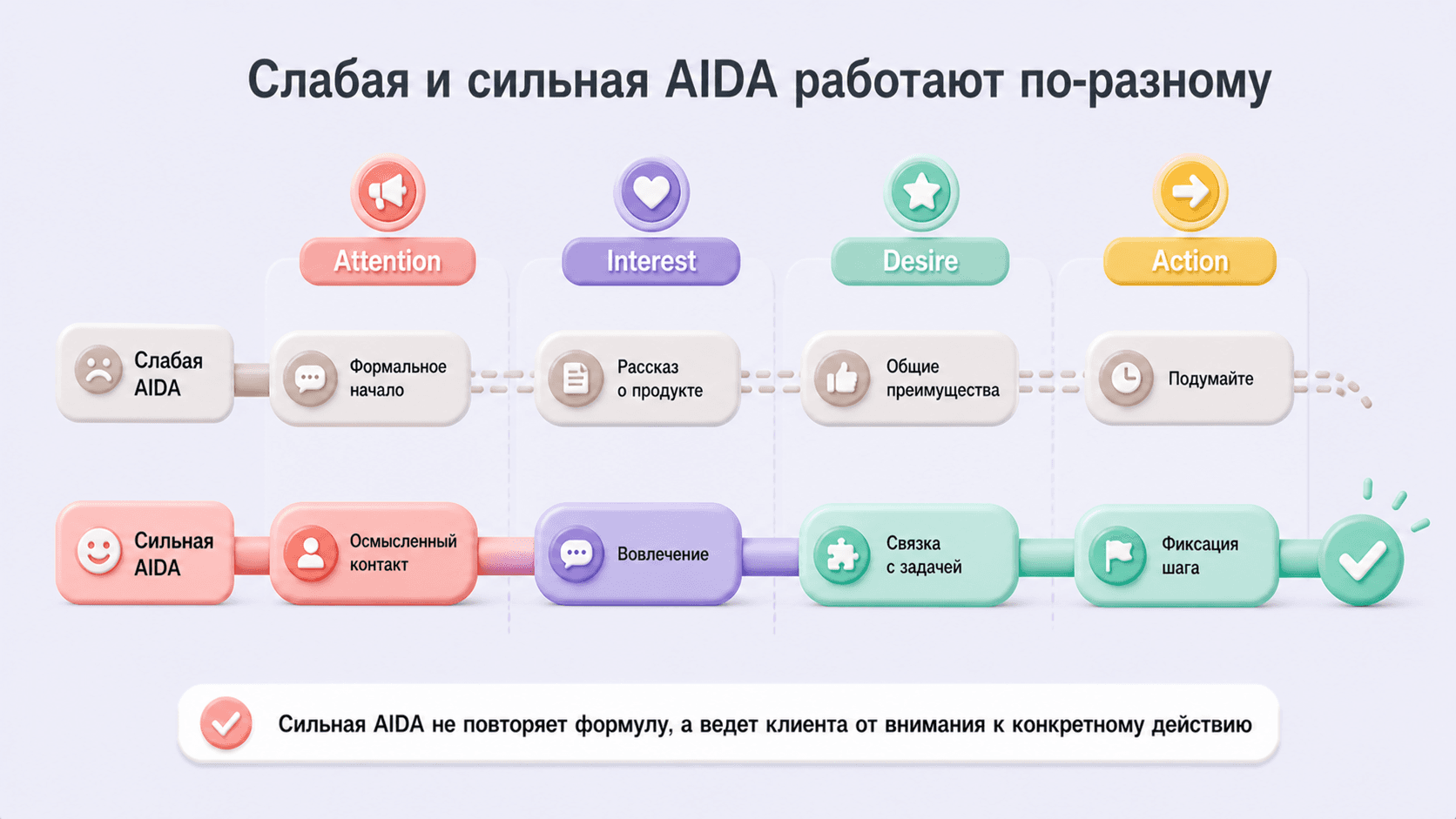 Сравнение слабого и сильного применения AIDA по этапам внимания, интереса, желания и действия.