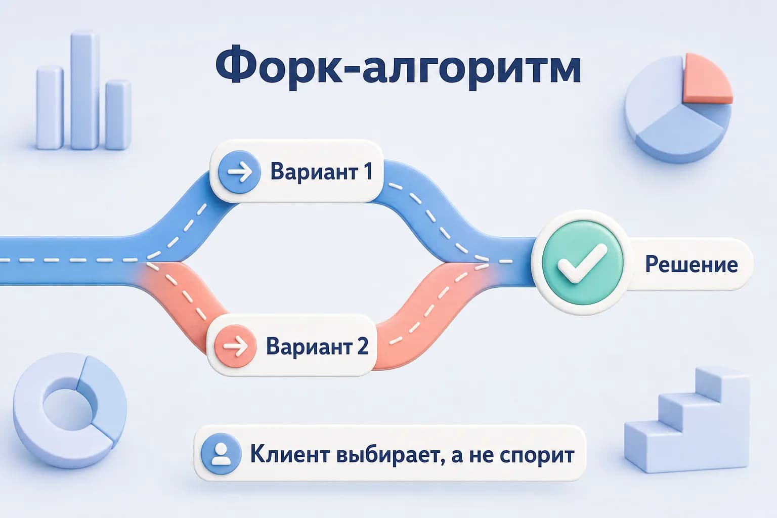 Схема форк-алгоритма с двумя путями, ведущими к одному решению