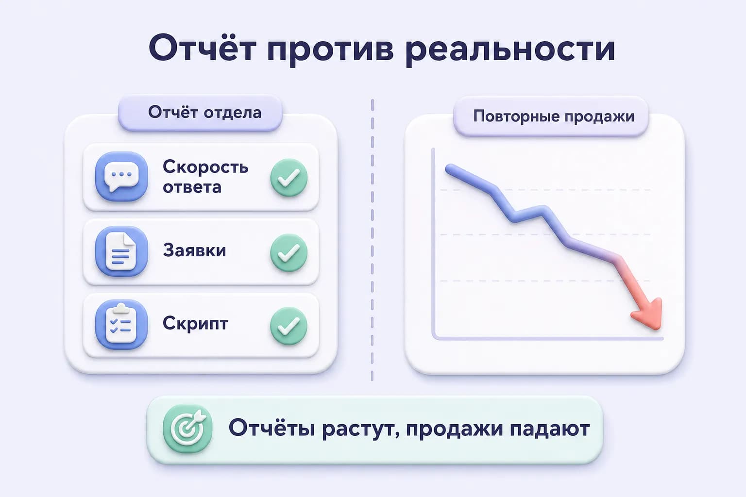Слева отчёт отдела с хорошими показателями, справа падающий график повторных продаж и вывод о расхождении