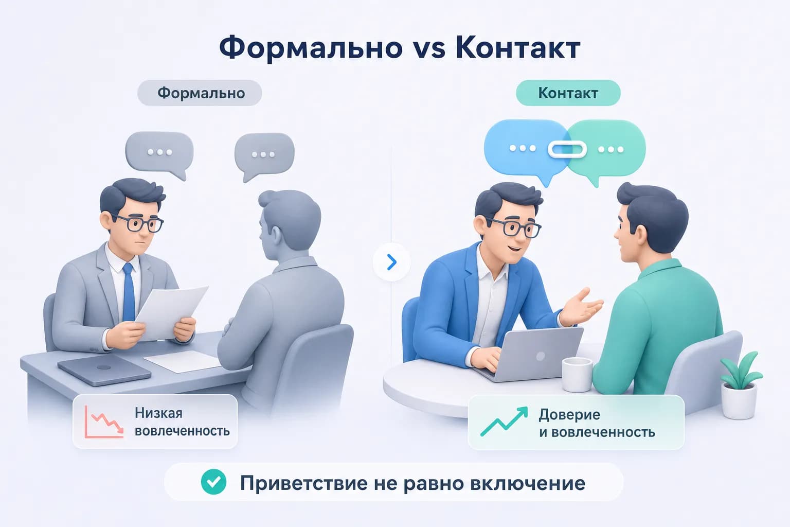 Сравнение формального приветствия и реального включения клиента в диалог