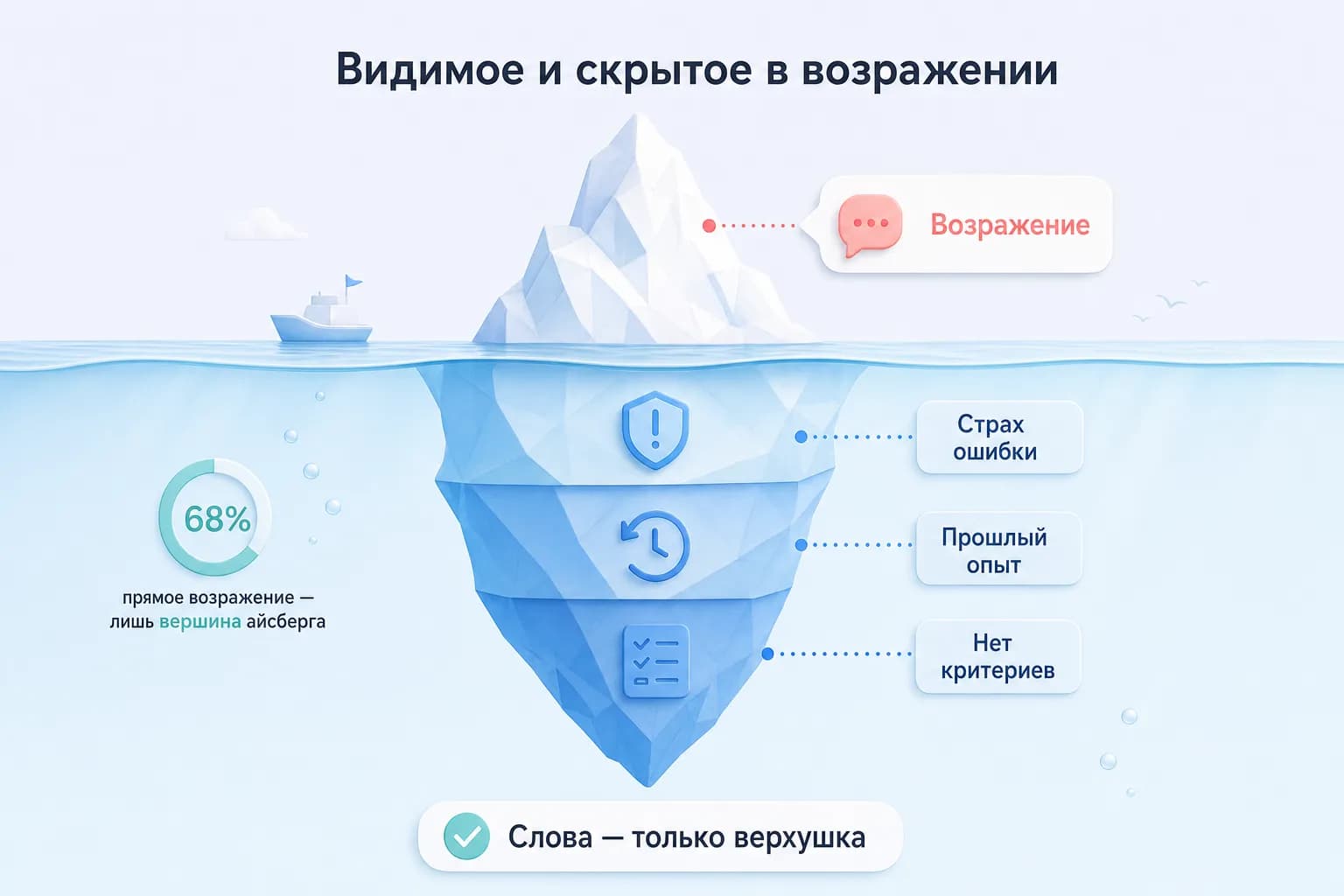 Айсберг возражения: видимая фраза клиента и скрытые причины под водой