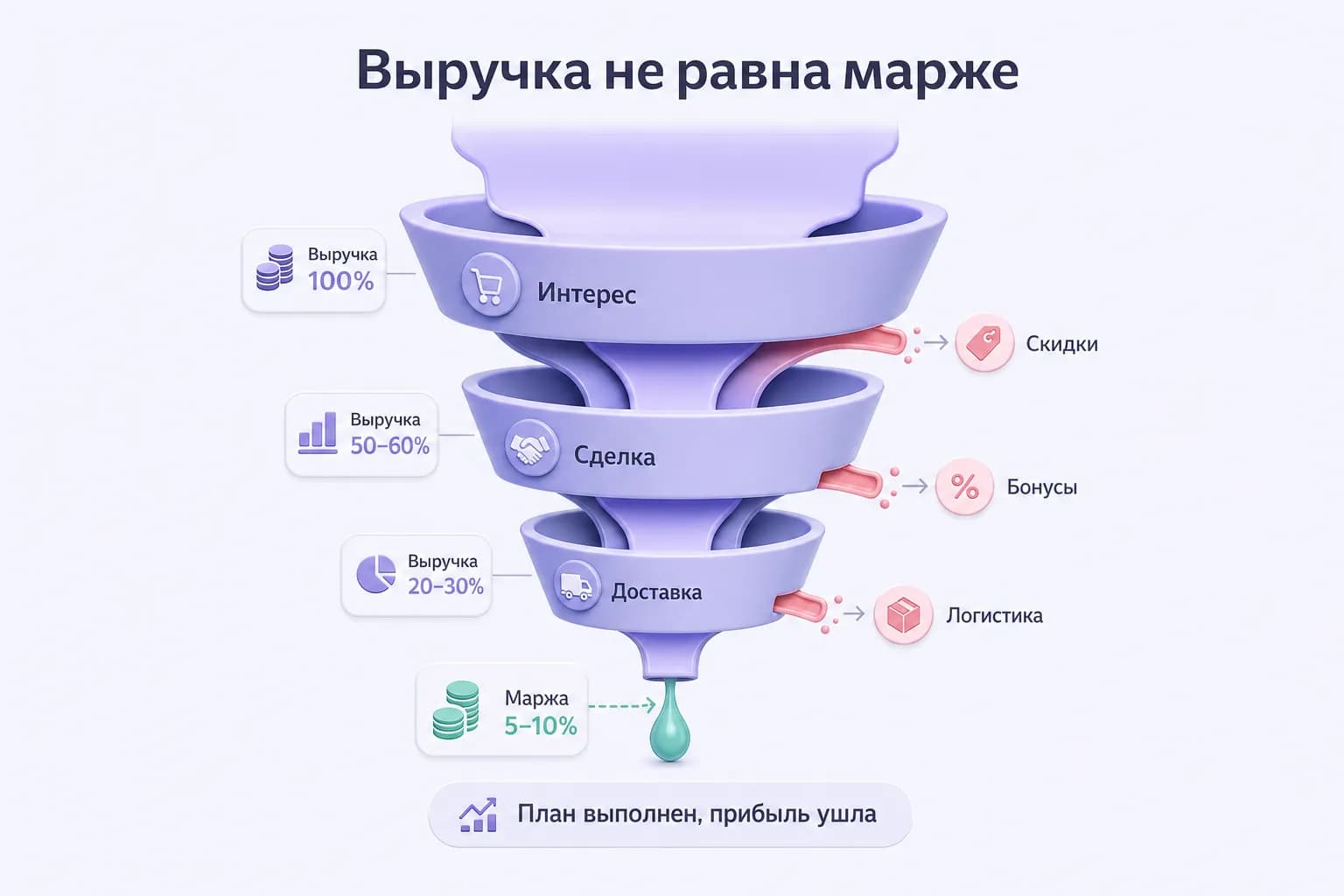 Воронка с утечками маржи на скидки, бонусы и логистику