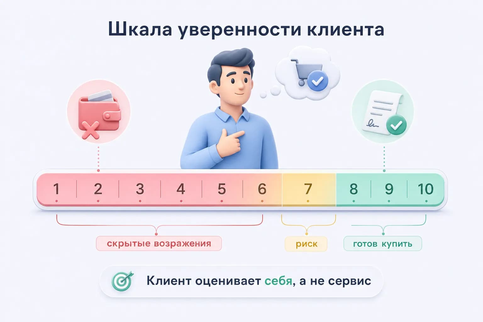 Горизонтальная шкала уверенности клиента с зонами возражений, риска и готовности к покупке