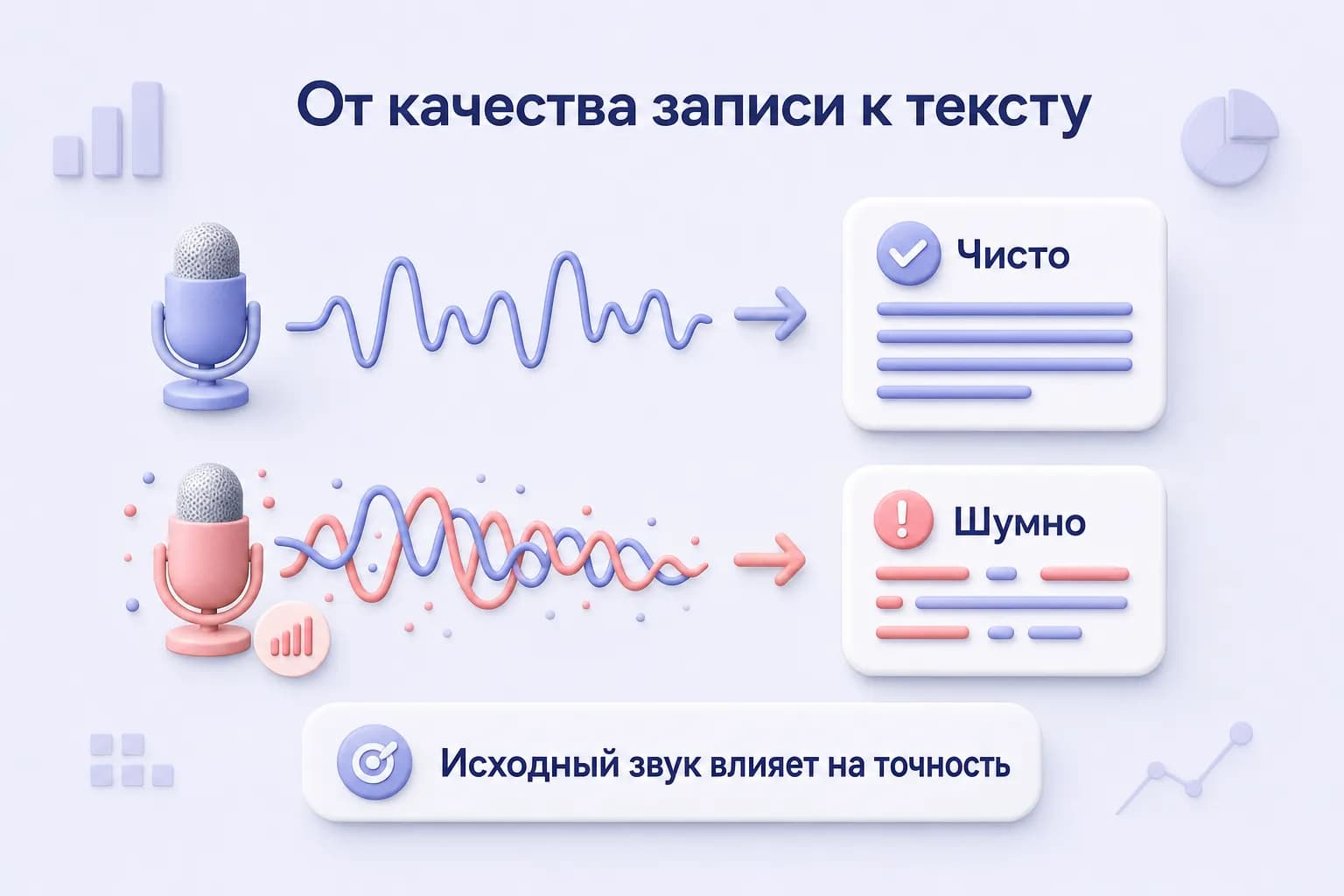 Чистая и зашумлённая запись дают расшифровку разного качества