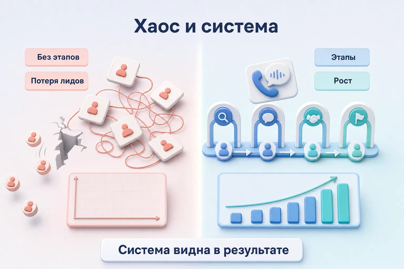 Сравнение хаотичного процесса продаж без этапов и системного процесса с этапами и ростом